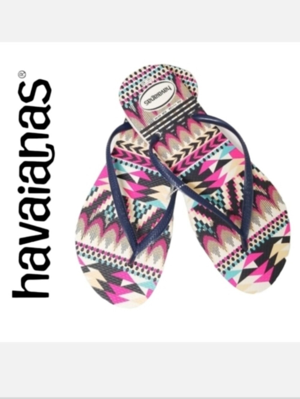 Havaianas Slim Tribal Flip Flop in White & Navy Blue Sz 11